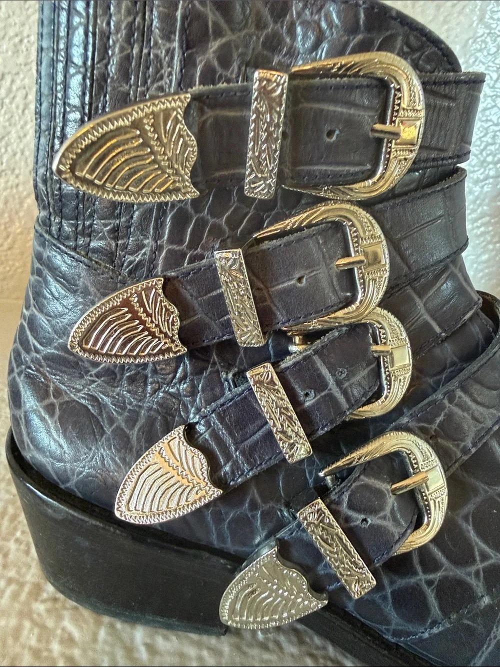 Toga Pulla Blue Croc Embossed Four Buckle Western Ankle Boots EU 38